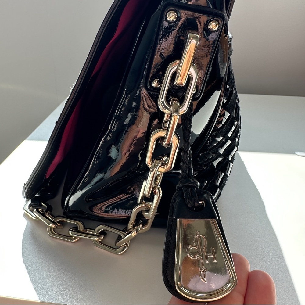 Cole Haan Black Woven Patent Leather Shoulder Bag with Gold Chain - Picture 11 of 11